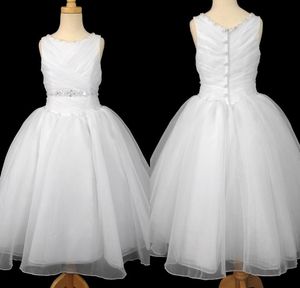 Robes de demoiselle d'honneur en Organza blanc, robe de première Communion pour enfants, robe de soirée de mariage, avec plis et perles en cristal, longueur au sol