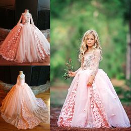 Bloem meisje jurken voor bruiloft kant lange mouwen applique tule sweep trein pageant bloem meisje jurk 2017 mooie vintage meisje verjaardagstoga