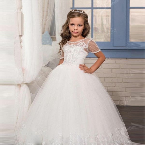 Robes fille fleur pour les mariages Puffy jupe bretelles spaghetti dentelle perlée petites filles Pageant Appliques Robe Tulle