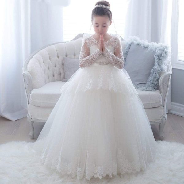 Robes de fille de fleur pour les mariages 2022 robe de bal de communion en dentelle avec manches longues robes de soirée formelles pour tout-petits en tulle anniversaire d'enfants événement spécial cravate à la taille