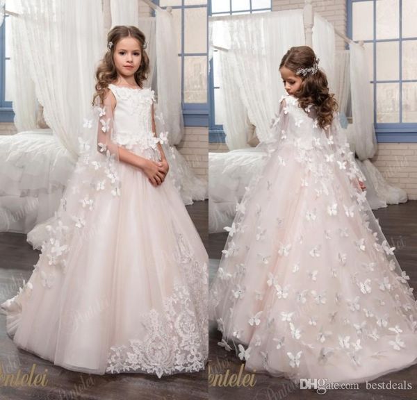 Vestidos de flores para niña para bodas, tutú de princesa hecho a medida, cuentas de encaje, mariposas, vestidos de primera comunión para niños