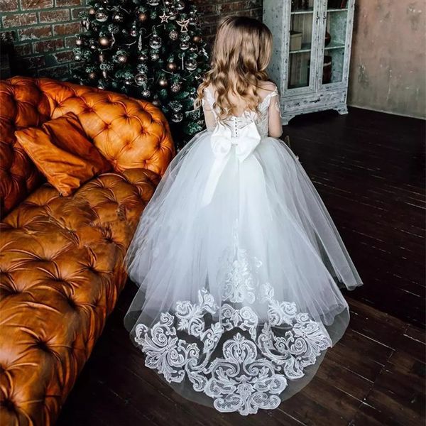 Vestidos de niña de flores para bodas con encaje de envoltura abalorios apliques pequeños niños vestidos de bebé de larga comunión