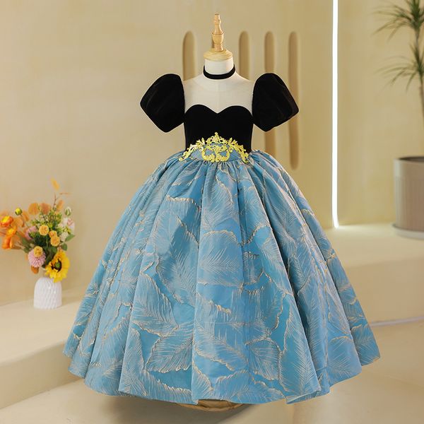 Robes de fille fleurie Jewel Neck Ball Ball Bown Appliques Perles avec Bow Gkids Girls Blue Pageant Robe Sweep Train Train Birthday Robes 403