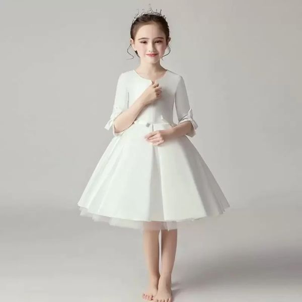 Vestidos de niña de flores de encaje Vestido infantil para niña Ropa formal para niños Satén corto blanco Manga tres cuartos