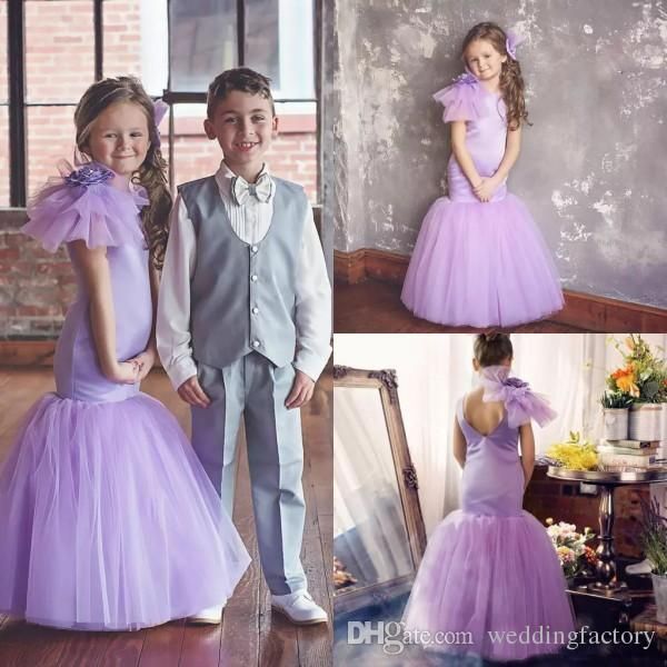 Robes de demoiselle d'honneur lilas, col à bijoux, sans manches, trompette évasée, robes formelles pour enfants pour fête de mariage avec fleur