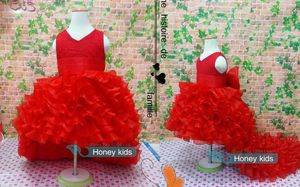 Robes de fille de fleur robes de concours de queue en mousseline de soie rouge robes d'été fille pour les mariages robe d'anniversaire de fête avec grand arc 2-12 ans