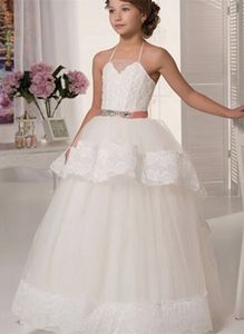 Bloem meisje jurken mouwloze kant applique voor bruiloften halter kralen sjerp vloer lengte voor meisjes eerste communie jurken