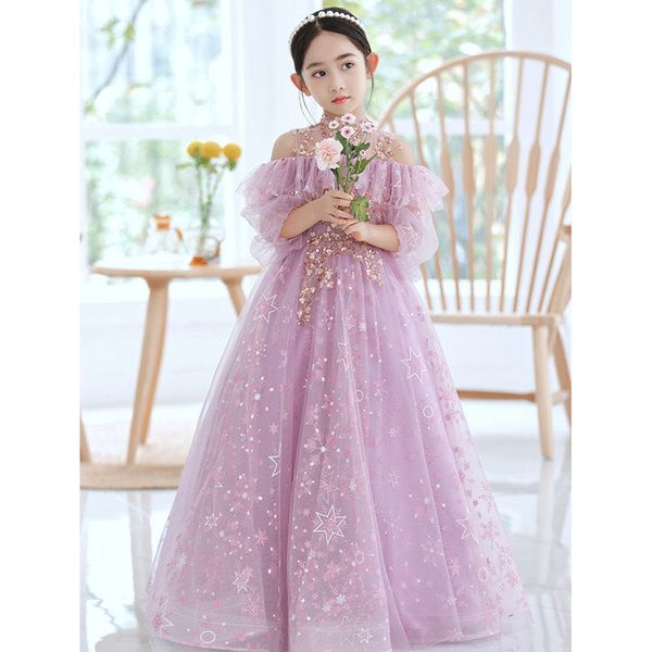 Flower Girl For Weddings Jewel Coul Champagne Rouffes Puffes Floral Petits enfants Baby Robes First Communion Robes 403