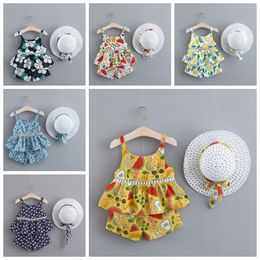 Bloem meisje outfits baby meisjes floral tops shorts hoed 3 stks set jarretel peuter kleding set zomer baby kleding 7 Designs DHW3884