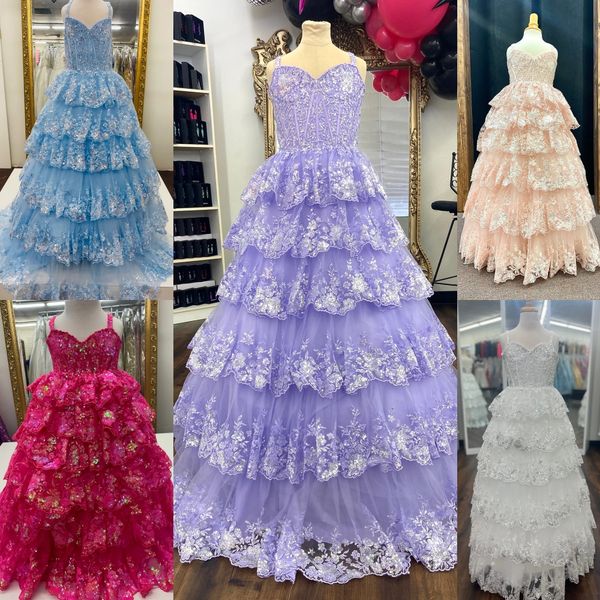 Robe de princesse à fleurs pour filles, à volants, paillettes, dentelle, bouffante, robe de concours de beauté, pour petit enfant, anniversaire, mariage, événement formel, cocktail, 1ère communion, lilas, blush, ivoire