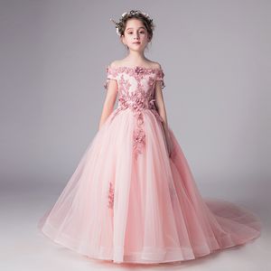 Bloem meisje jurken kant applique mooie mouwloze sjerp bloem versiering vloer lengte meisje verjaardagsfeestje pageant jurken