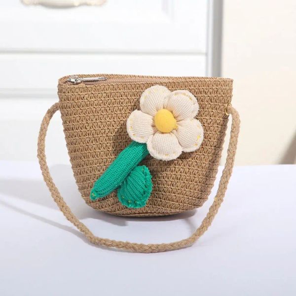 Sac de paille de fille de fleur Sum de plage Summer Handmade Woven Purse Purse Mense Messager Sacs Messager Zipper Photo Props Crossbody Hands