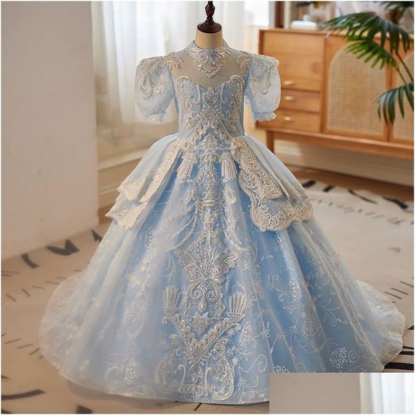 Robes de filles de fleurs 2023 Robes de fille de fleur Scoop bleu Fleurs faites à la main Tle Little Babys Mariage Luxueux Communion Pageant Robe Otde2