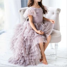 Flower Girls Dresses Appliques Spaghetti Straps Ball Gown Ruffles Tulle Wedding Bow Sash A Line Sequins Long Toddler Teens Pageant Party Gowns 0509