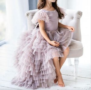 Robes de filles de fleur Appliques bretelles spaghetti robe de bal volants Tulle Pageant longue ceinture de mariage arc une ligne paillettes longues robes de soirée de concours pour adolescents en bas âge