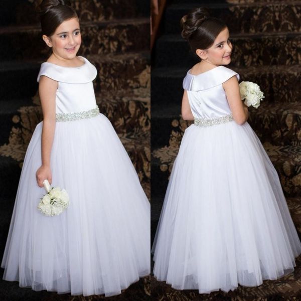 Robes de filles de fleur pour les mariages ivoire blanc cristal ceinture encolure dégagée Tulle longue fête princesse enfants fille robes de reconstitution historique