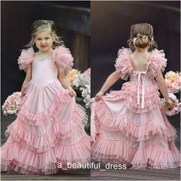 Robes De Filles De Fleur Pour Les Mariages Jewel Neck Rose Appliques Arc À Niveaux Balayage Train Papillon Anniversaire Enfants Fille Pageant Robes FG1312