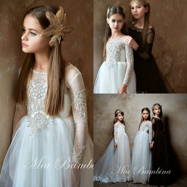 Robes à fleurs simples pour filles, avec des Appliques à manches longues, en Tulle, sur mesure, longueur au sol, robes de soirée pour filles