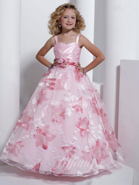 Robes De Filles De Fleur Spaghetti Strap Robe De Bal Motif De Fleurs Robe Rose Clair Enfant Enfants Grande Fille Pageant Party Prom Robe Formelle