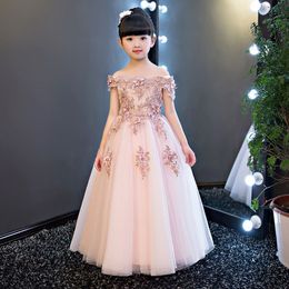 Robes de filles de fleurs stéréo INS fleurs appliques rosée épaule robe de princesse pour enfants dentelle tulle robe longue robe de bal enfants robe de concours F877