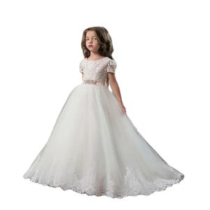 Fleur Filles Robess Dentelle Anniversaire Pageant Robe Sheer Sash Fille Communion Robe Enfants Tenue De Cérémonie pour Le Mariage