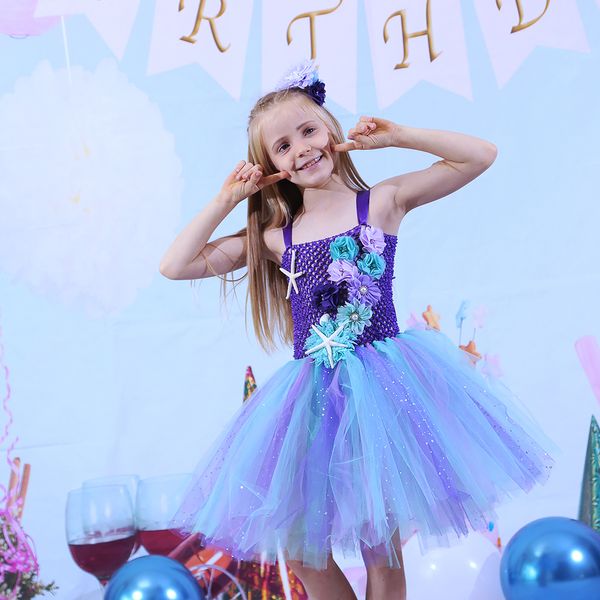 Disfraz de sirena de flores para niñas, vestido tutú de tul para niñas adolescentes, vestidos de fiesta de princesa elegantes, vestido de baile para niños, disfraz de cumpleaños