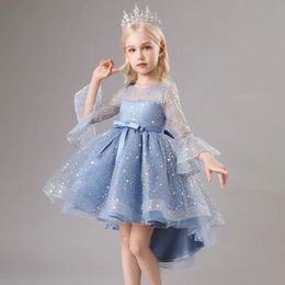Flower Girls Princess Sequins Baby Wedding Christmas Party Back Robe Fluffy Lace Broidered Host Performance Costume 3 15y 231221