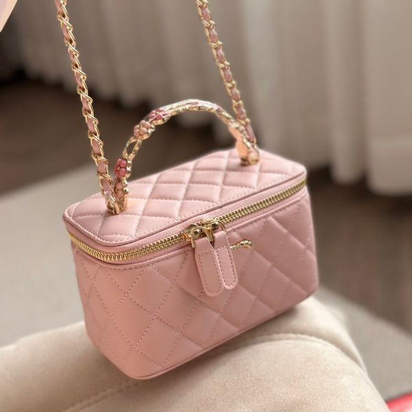 Sac de maquillage pour femmes avec poignée en fleur 16CM, mini porte-monnaie à fermeture éclair avec miroir, sac à main de luxe en cuir, chaîne en treillis de diamant, sac décontracté de rue, porte-cartes, valise, sac banane