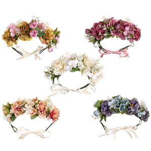 Diadema de flores rosa flores hechas a mano guirnalda Floral decoración de bandas para el cabello ajustable mujeres niñas tocado para fiesta