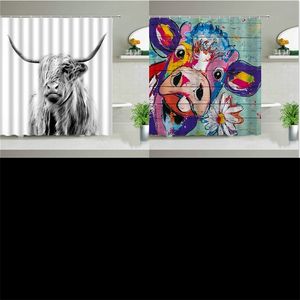 Bloem hoogland koe thema douche gordijnen boerderij dier 3d print waterdichte doek badkamer gordijn set badkuip kunst decor met haak 210915