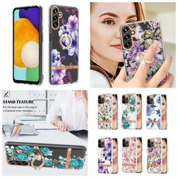 Bloemhouderkoffers voor Samsung A33 A53 A73 A13 4G S23 Ultra S22 plus A54 A34 A14 5G Metalen vingerring Vind zachte IMD TPU Chromed Clear Fashion Lace Floral Phone Covers