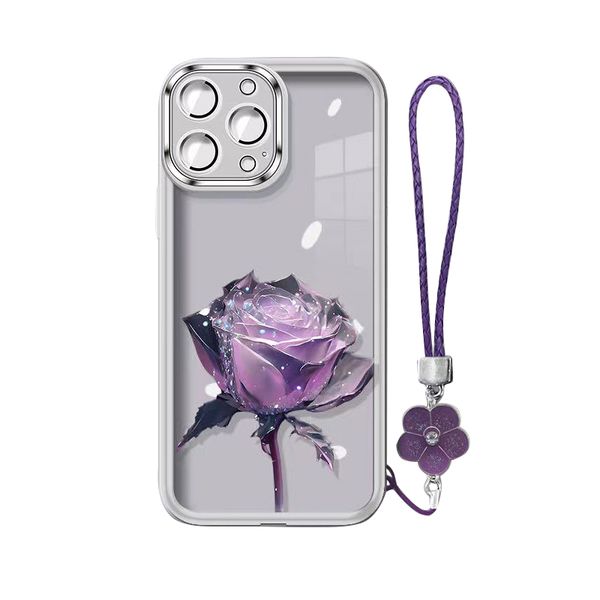 Étuis pour iPhone à fleurs pour Apple 15 PROMAX Ultra 14 13 12 Plus Filles Violet Rose Transparent TPU Housse de protection arrière Lanière Étui souple Tide Anti-chute avec bracelet