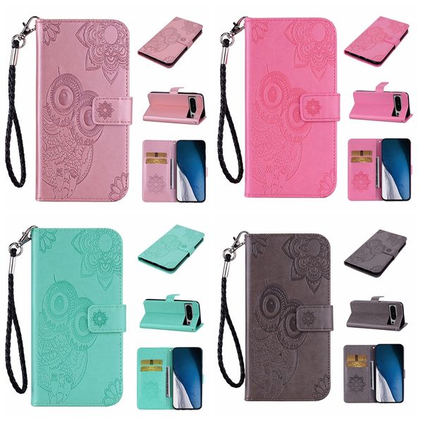 Estuches de billetera de cuero con flores para Iphone 15 Pro Max Plus Google Pixel 8 7 7A Samsung A34 A54 5G A24 4G Moda Estampado de búho Portatarjetas de encaje Funda con tapa Night Bird Bolsas Correa