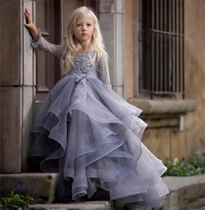 Bloem lange mouwen meisje jurk met D bloemen applicaties kant baljurken voor prinses verjaardagsfeestje jurk vestidos op maat gemaakt