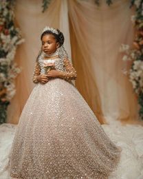 Fleur luxueuse 2022 robes de fille paillettes perles perles high man manches longues paillettes de champagne robe de bal tutu lilttle kids anniversaire concours de marins s s s