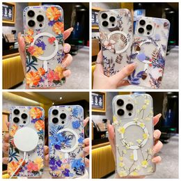 Bloem magnetische draadloze oplaadkoffers voor iPhone 15 14 Plus 13 Pro Max 12 Samsung Galaxy S24 S23 Ultra S22 Fashion Soft IMD TPU Magneet Clear Tranparent Telefoonhoes