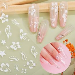 Bloem Nail Art Stickers Decals Witte Bloem Nagelstickers 5D Reliëf Acryl Gegraveerde Nagelstickers 6PCS Roze Wit