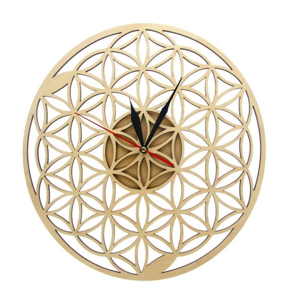 Fleur de la vie se croiser les anneaux géométriques en bois horloge murale Sacred Geométrie laser coupé horloge montée ménage.