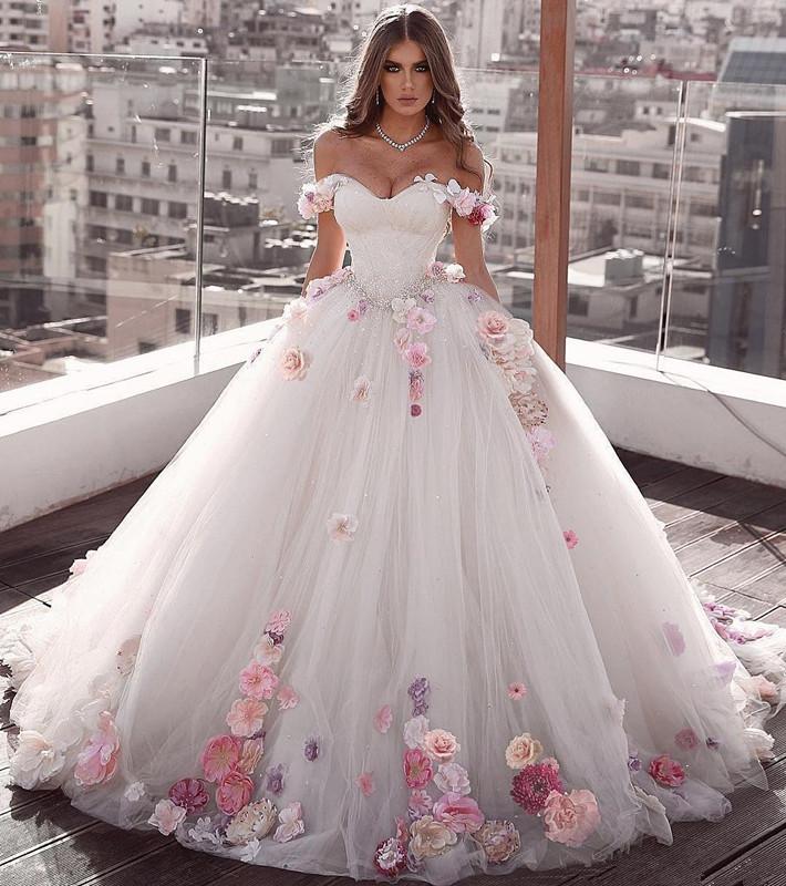 Flower Off Shoulder White Quinceanera Dresses Ball Gown Sweet 16 Year 3D Floral Princess Dress For 15 Years vestidos de 15 años anos Brithday Party Prom Gowns