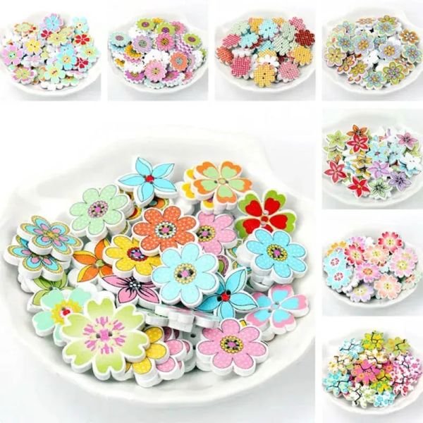 Botones de madera pintados de flores Knopfe decorativo para coser manualidades de álbumes de recortes 20pcs 35 mm