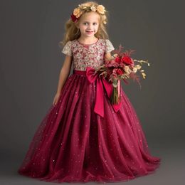 Robe de soirée à fleurs pour filles, élégante, col en dentelle, ceinture avec nœud, robe de bal d'anniversaire, de concours, en Tulle, mariage formel, 2024, 240313