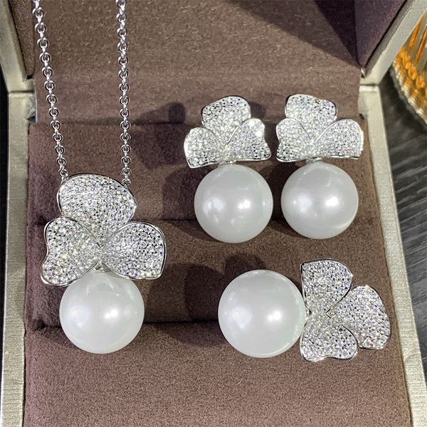 Fleur perle diamant ensemble de bijoux 100% réel 925 en argent Sterling fiançailles anneaux de mariage boucles d'oreilles collier pour femmes bijoux cadeau