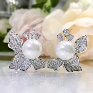Flower Pearl Diamond Stud Earring 100% ECHTE Sterling Sier belofte Weddingoorbellen voor vrouwen Bruids Party Sieraden Gift