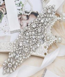 Flower Pearl Rhinestones Bride Belts Sash Gold Color Bridal Belt White Ivory Ribbon Women Party Dress Wedding Accessories M374 Y206394657