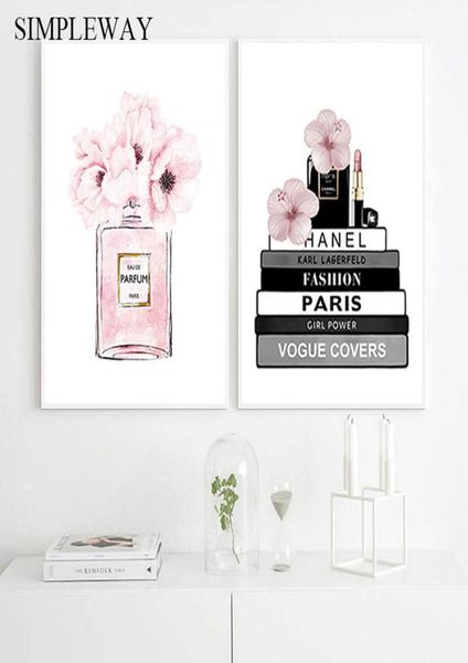 Perfuge de fleurs Bouteille de bouteille Book Canvas Painting Makeup Affiche et imprimerie Mur Art Image Modern Girl Woman Woman Room Decoration7117189