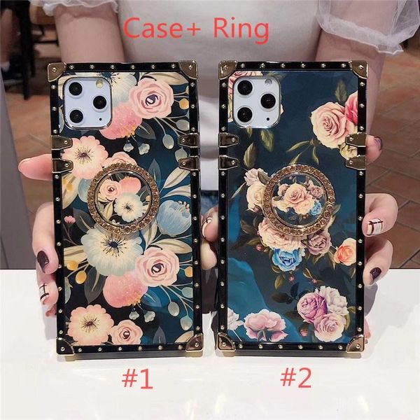 Fundas de teléfono de flores para Iphone 12 pro max 11 6 6s 7 8 Xr Xs Moda creativa Diamante cuadrado con anillo Funda protectora