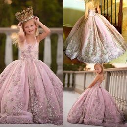 Flower Pink Ball Gown Growd 2024 Pearls Lace aplicado Baby Baby First Communion Vestidos de la niña formal Vestidos del concurso Al3808 S 'S