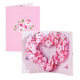 Cartes de voeux pop-up de fleur carte d'anniversaire floral avec enveloppe la fête des mères Valentine Cherry Blossom Coeur Forme de voeux Carte 240323