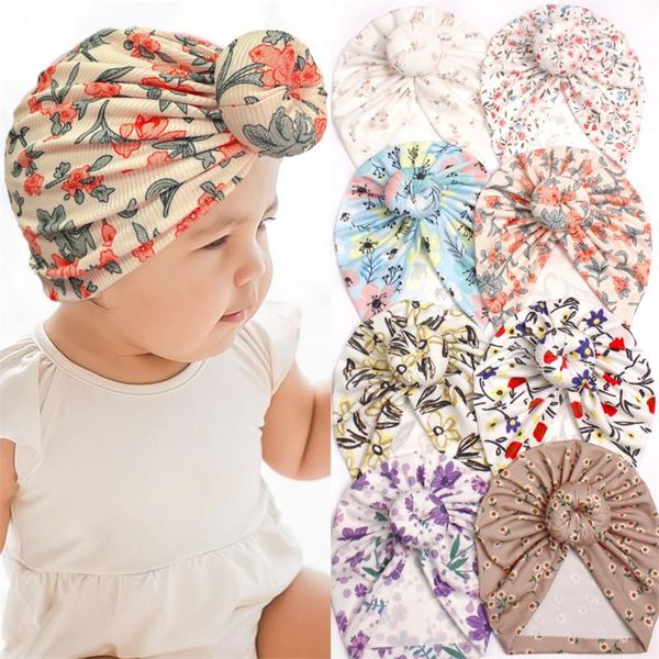 Chapeau Turban indien imprimé floral pour bébé, joli nœud pour garçons et filles, tête enveloppante douce, bonnet pour nouveau-né, chapeau pour enfants de 0 à 1 an