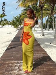Maille imprimée de fleurs voir à travers la robe Maxi pour la mode féminine encolure diagonale robe longue sans manches 2024 vêtements de plage de vacances pour femmes 240322